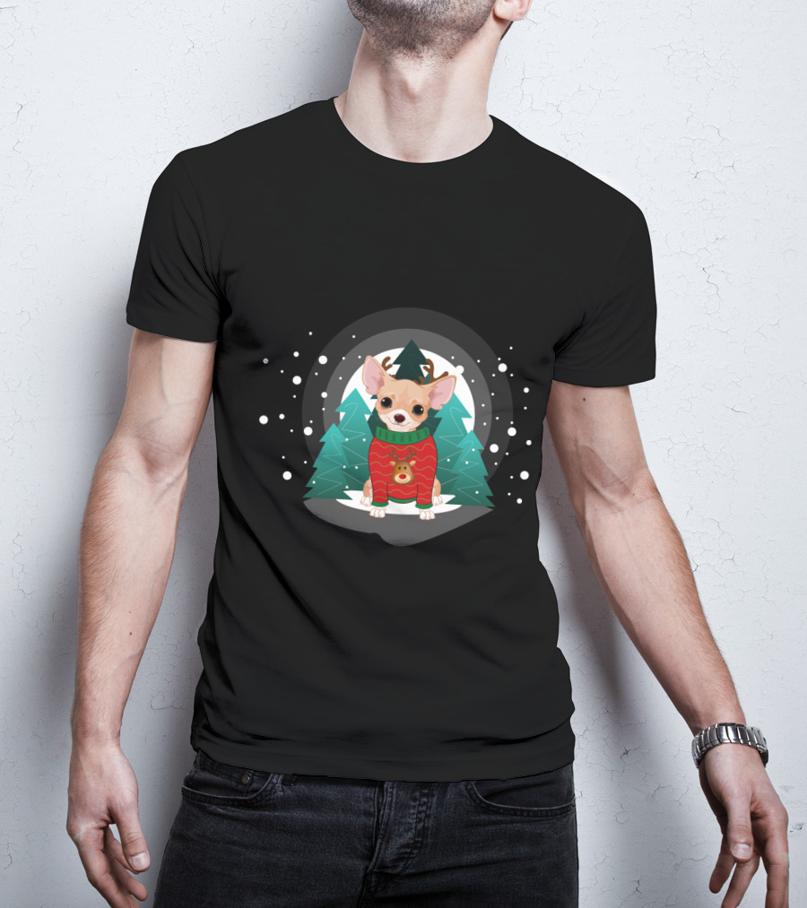 Chihuahua Terrier Wearing Christmas Sweater Snowflake Forest Scene T-Shirt