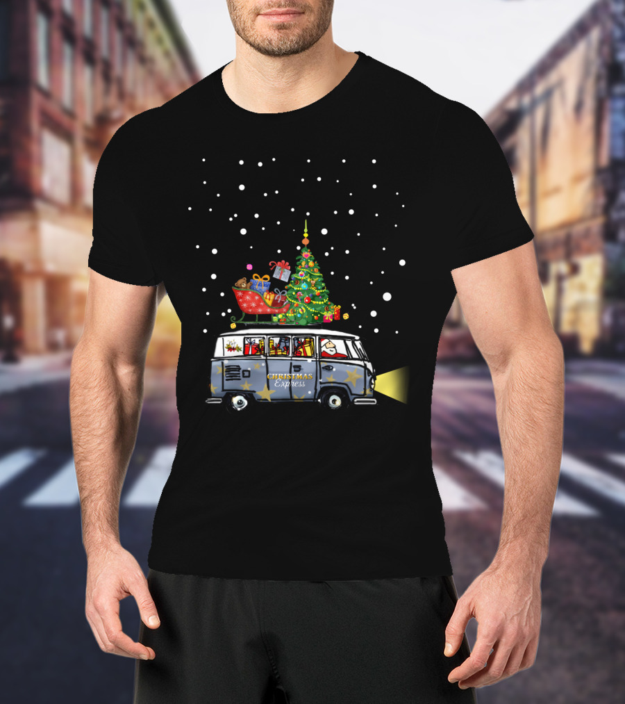 Christmas Express Van With Christmas Tree And Santa In Snowy Scene T-Shirt