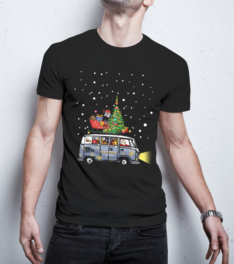 Christmas Express Van With Christmas Tree And Santa In Snowy Scene T-Shirt