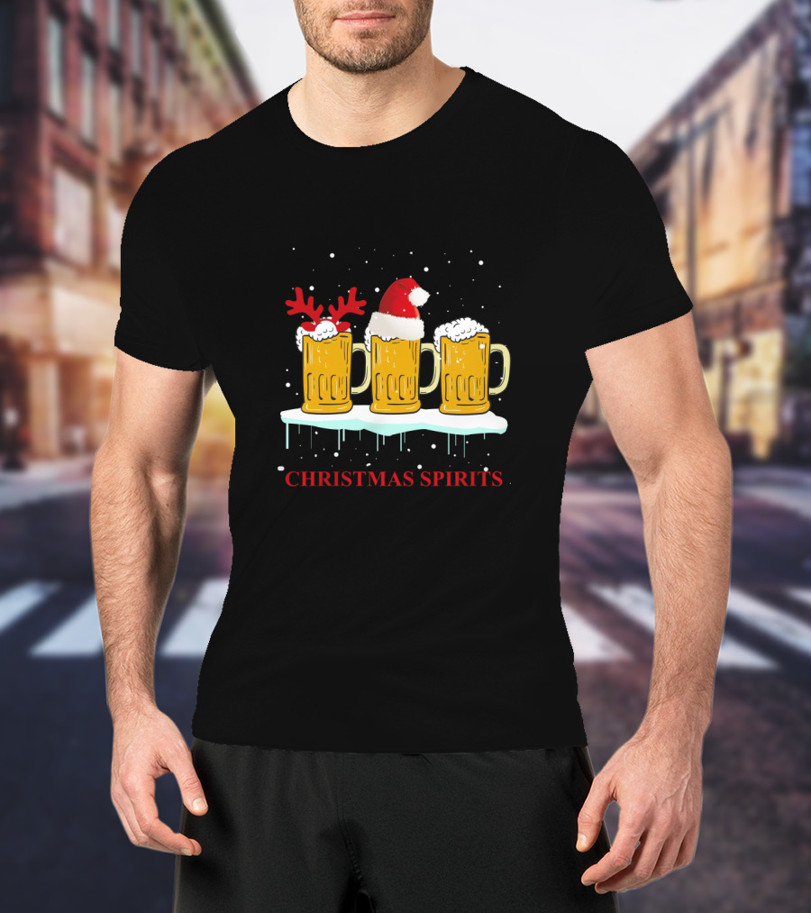 Christmas Spirits Beer Festive Mug Trio With Santa Hat And Reindeer Antlers T-Shirt