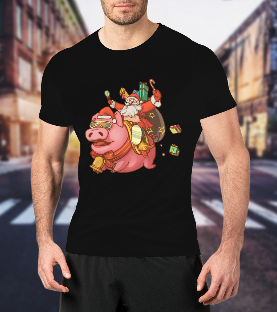 Santa Claus Riding Pig With Candy Canes And Christmas Gifts T-Shirt