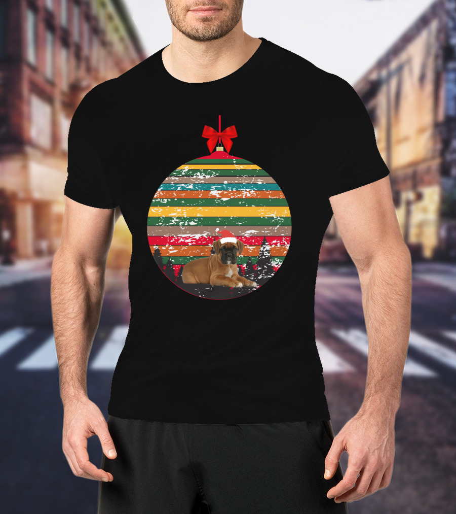 Christmas Vintage Boxer Puppy In Santa Hat Ornament With Stripes And Trees T-Shirt