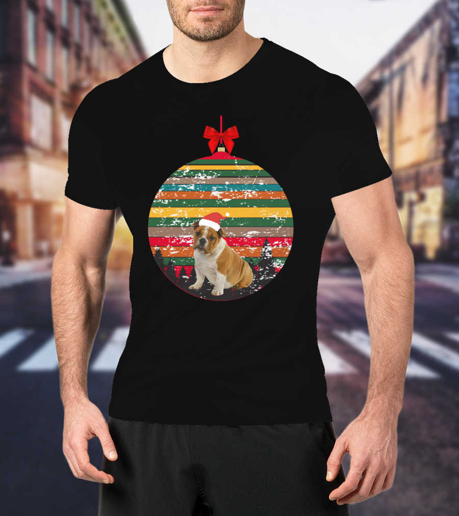 Vintage Christmas Bulldog Ornament Striped Santa Hat Forest Scene T-Shirt