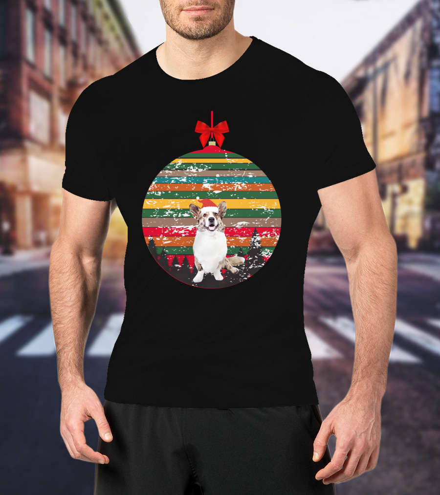 Christmas Corgi Ornament With Vintage Stripes And Festive Red Bow T-Shirt