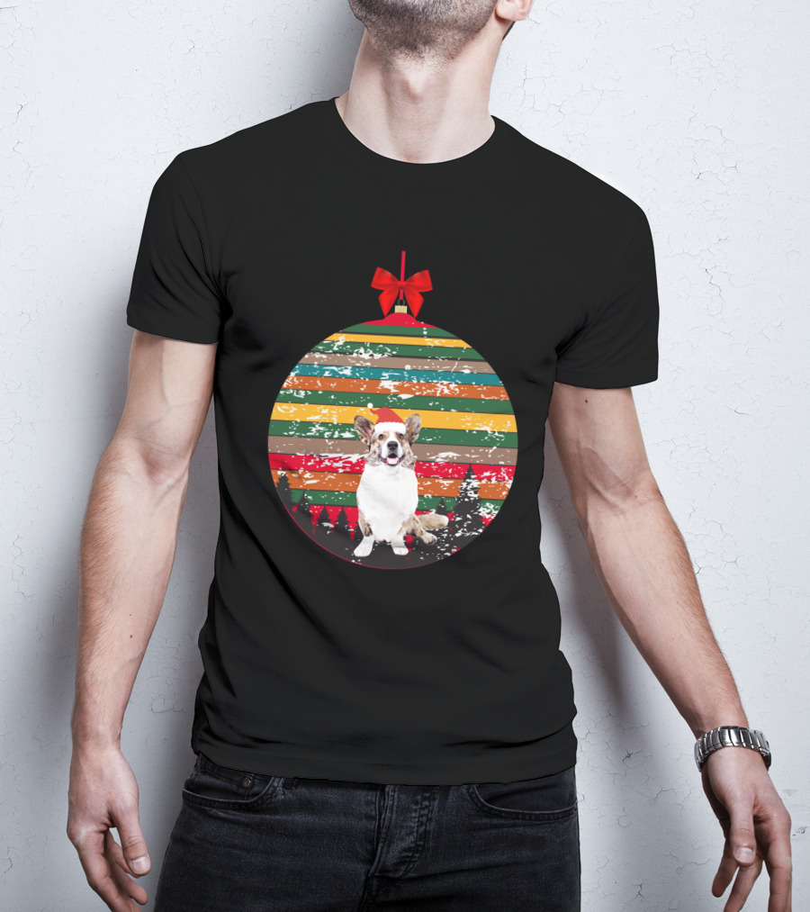 Christmas Corgi Ornament With Vintage Stripes And Festive Red Bow T-Shirt