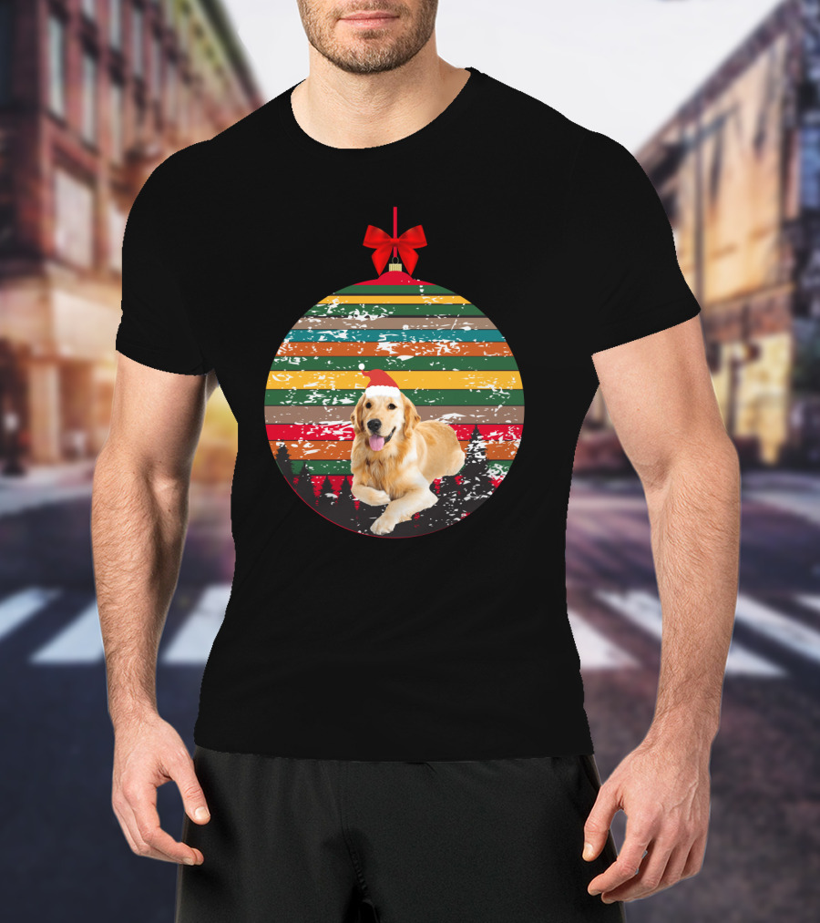 Christmas Vintage Golden Retriever Ornament With Santa Hat And Colorful Stripes T-Shirt