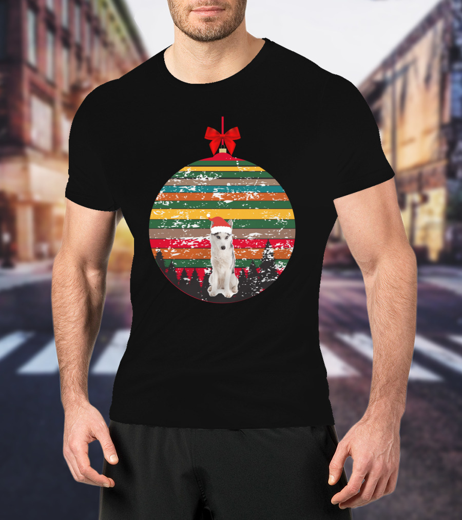 Christmas Husky With Santa Hat And Vintage Ornament Stripes T-Shirt