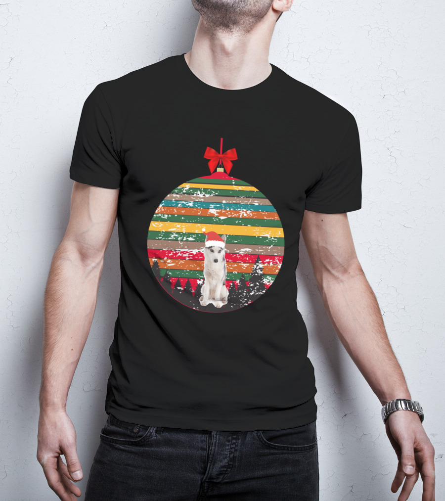 Christmas Husky With Santa Hat And Vintage Ornament Stripes T-Shirt
