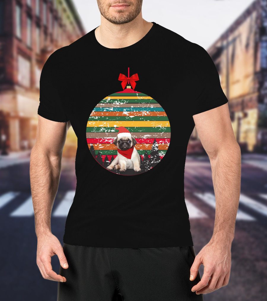 Festive Christmas Ornament With Vintage Pug And Striped Santa Hat And Scarf T-Shirt