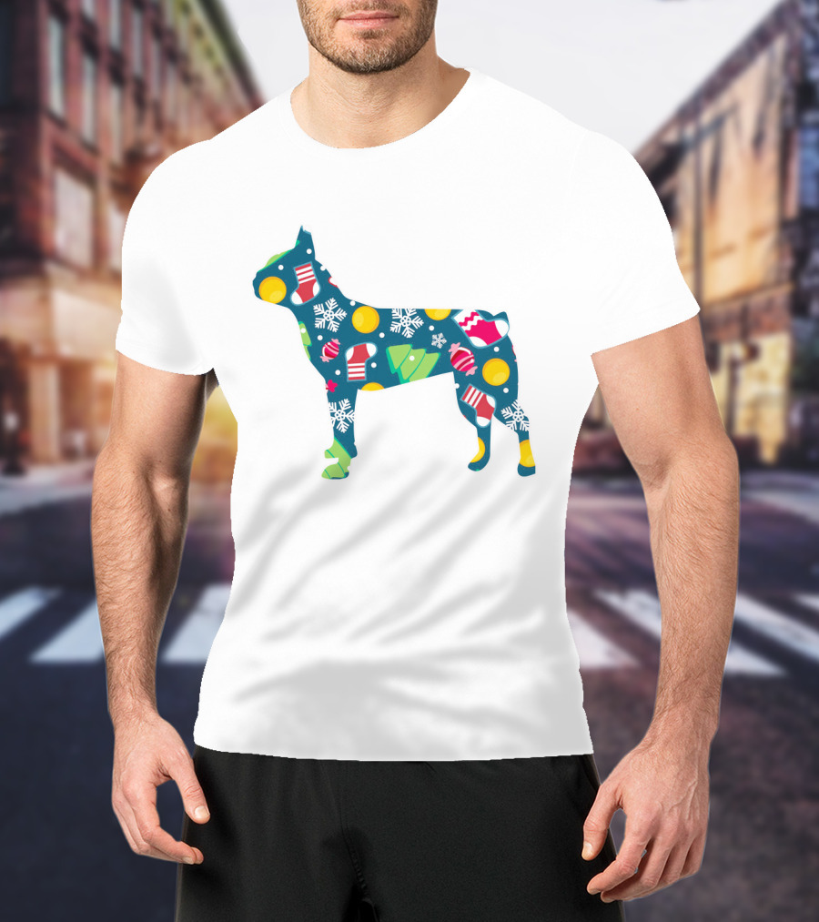 Festive Boston Terrier Dog Lover Christmas Pattern With Snowflakes And Ornaments T-Shirt