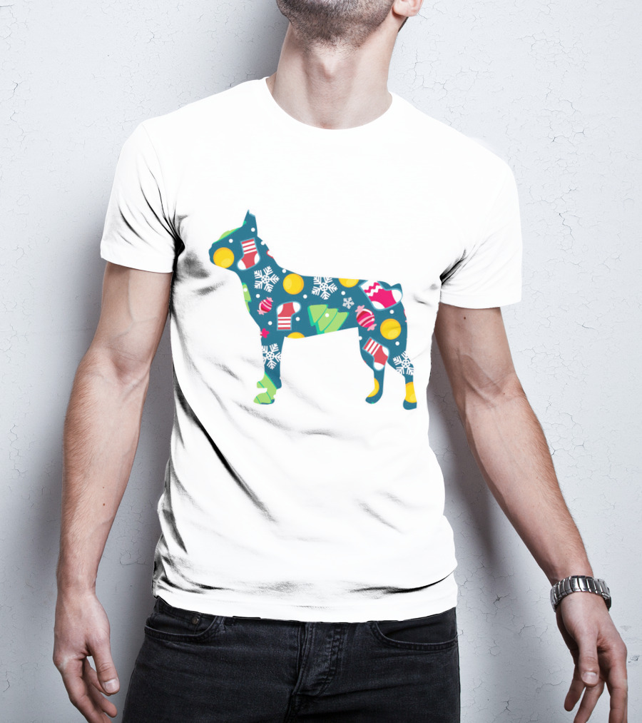 Festive Boston Terrier Dog Lover Christmas Pattern With Snowflakes And Ornaments T-Shirt