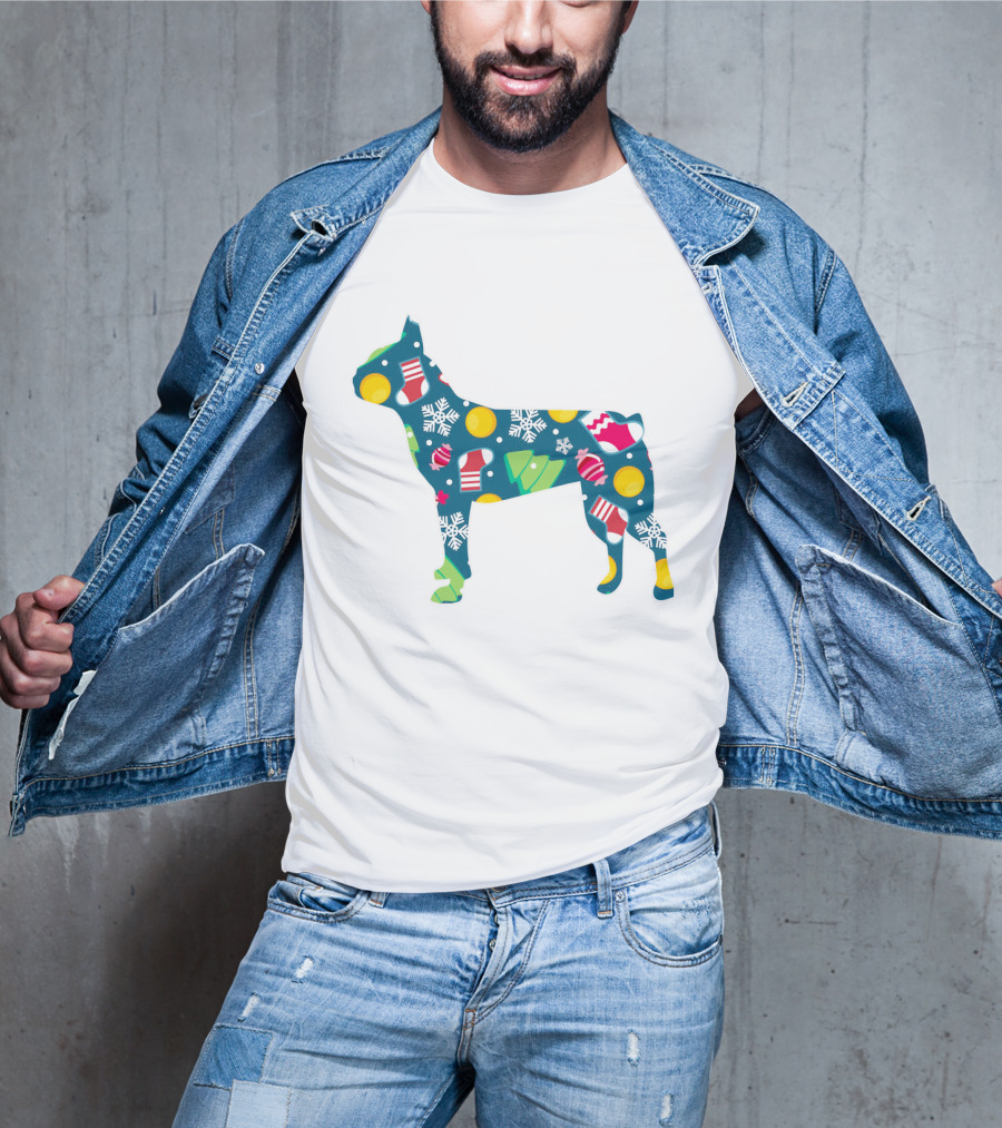 Festive Boston Terrier Dog Lover Christmas Pattern With Snowflakes And Ornaments T-Shirt