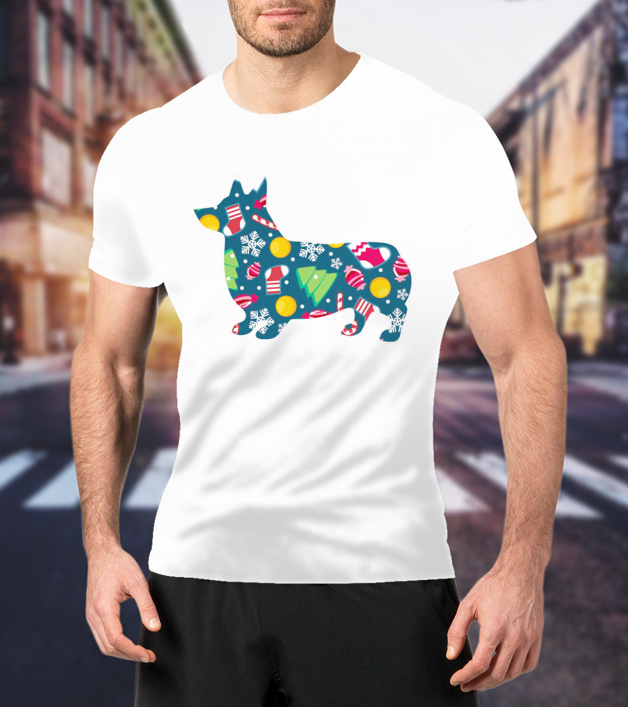 Corgi Silhouette With Candy Canes Ornaments Snowflakes And Christmas Trees For Dog Lovers T-Shirt