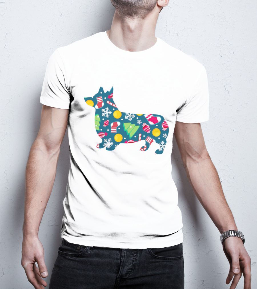 Corgi Silhouette With Candy Canes Ornaments Snowflakes And Christmas Trees For Dog Lovers T-Shirt