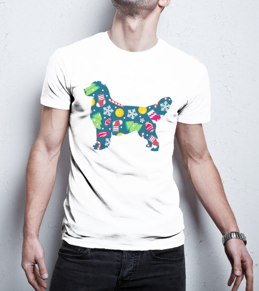 Golden Retriever Christmas Pattern With Snowflakes, Trees, Ornaments, And Stockings For Dog Lovers T-Shirt