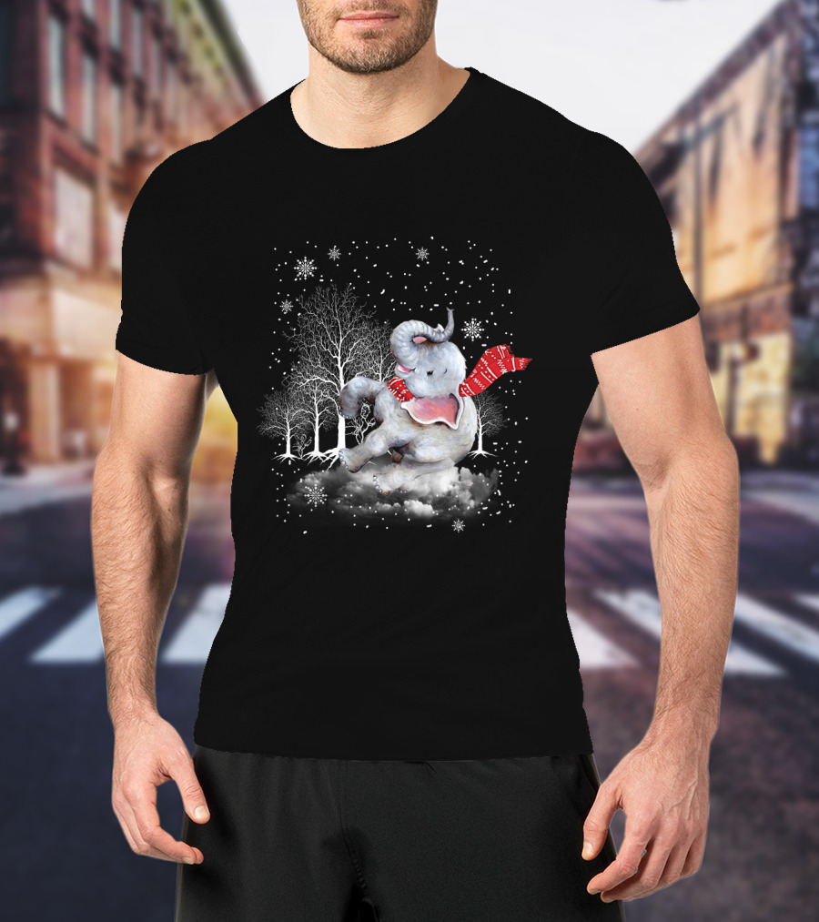 Elephant Christmas Snowflake Scarf Winter Forest Scene T-Shirt