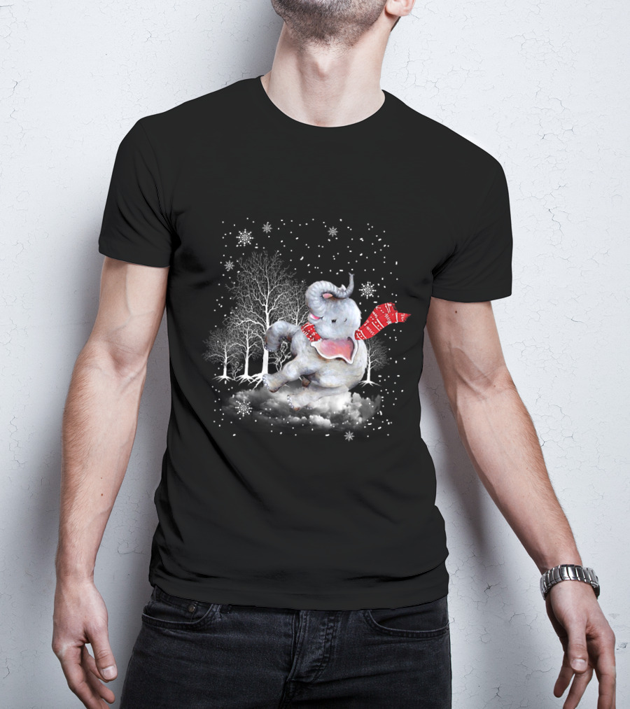 Elephant Christmas Snowflake Scarf Winter Forest Scene T-Shirt