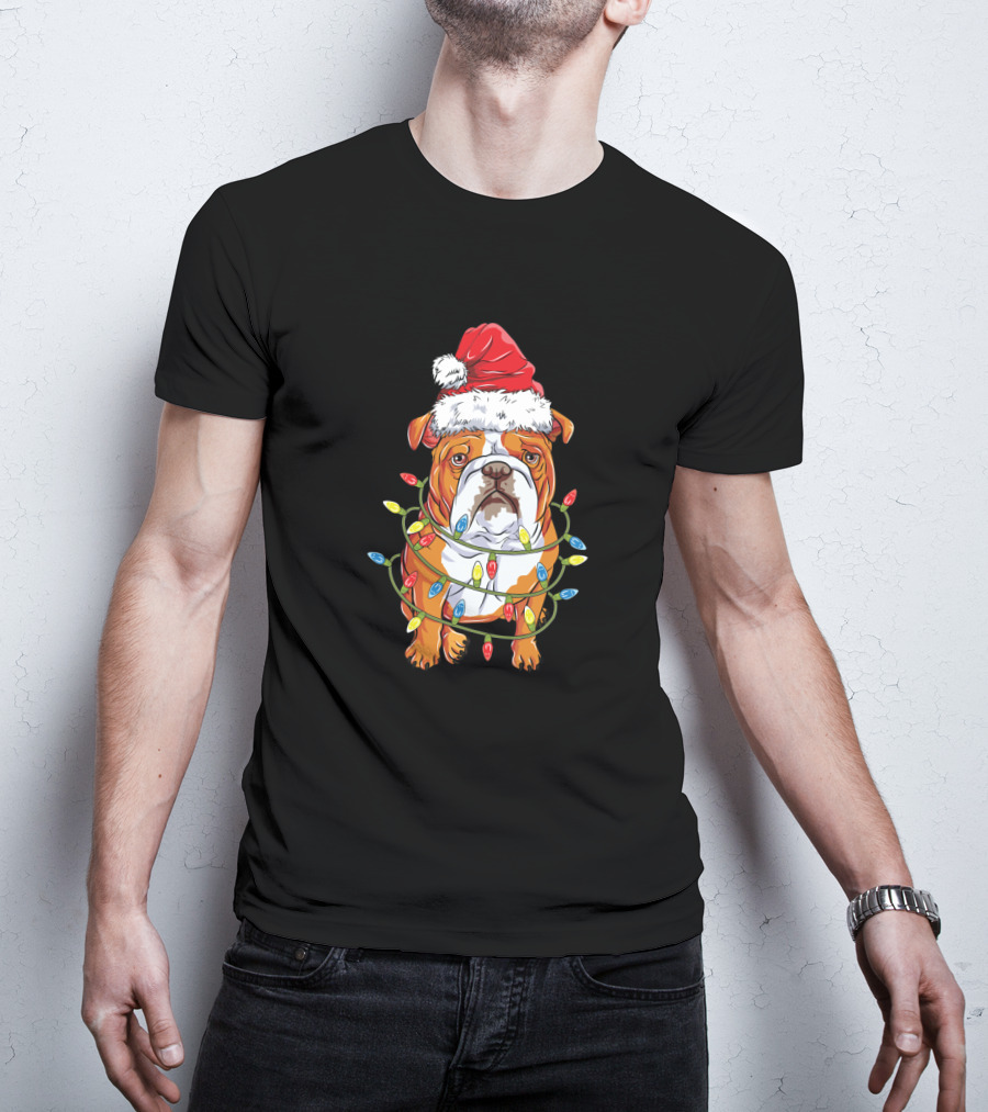 English Bulldog Christmas Santa Hat Festive Lights T-Shirt