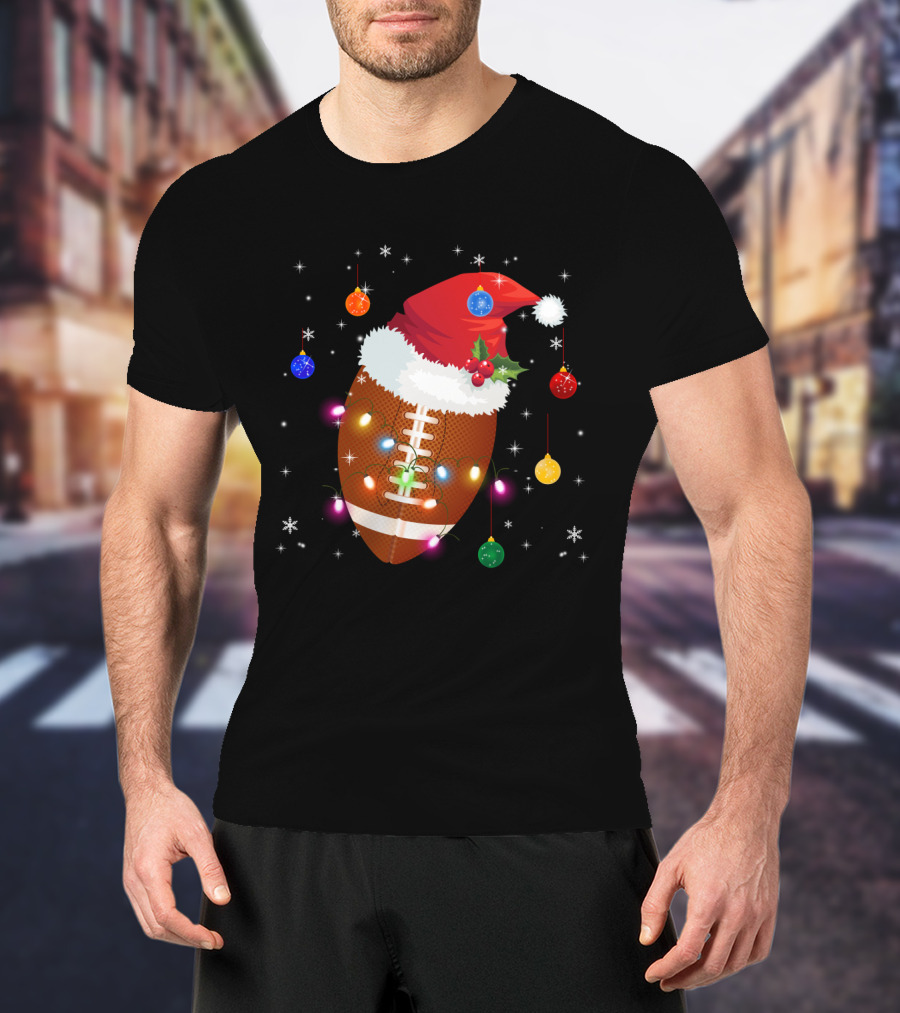 Christmas Football Santa Hat Ornaments Lights T-Shirt
