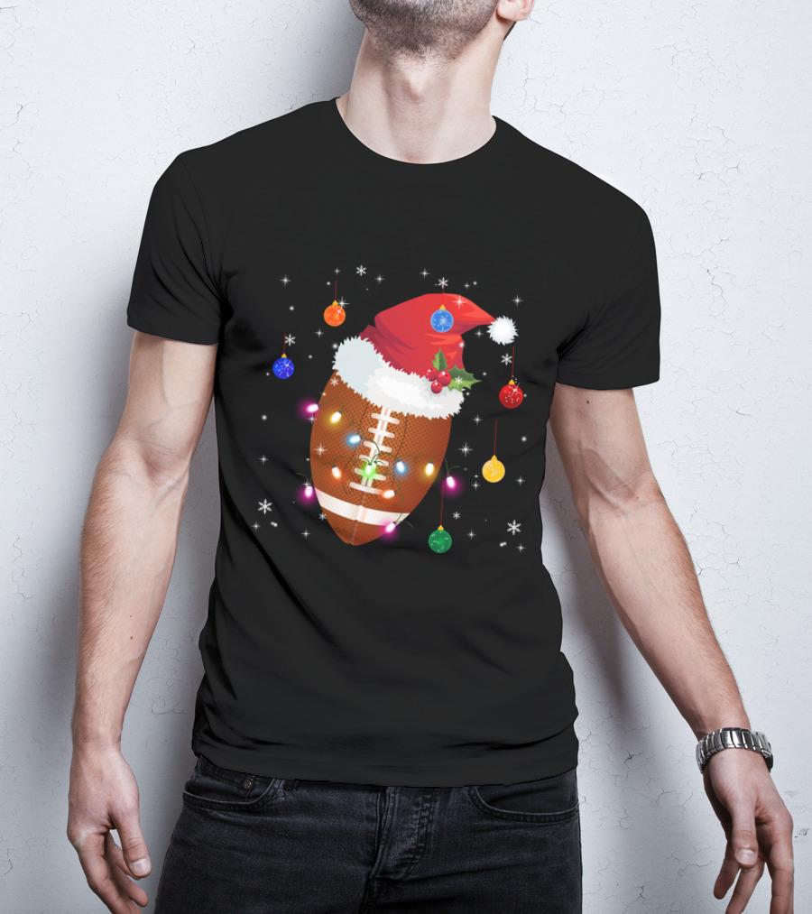 Christmas Football Santa Hat Ornaments Lights T-Shirt