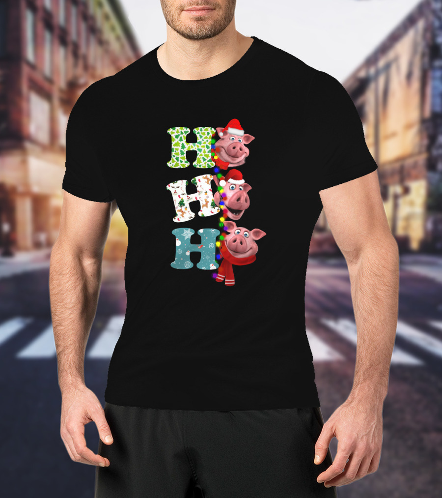 Hohoho Pig Christmas Lights Santa Hat Scarf Playful Holiday Hollysnowflakes T-Shirt