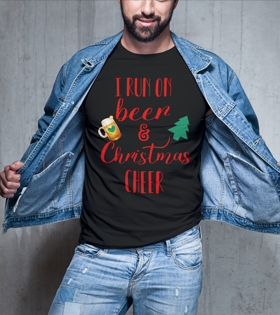 I Run On Beer And Christmas Cheer With Beer Mug And Christmas Tree T-Shirt