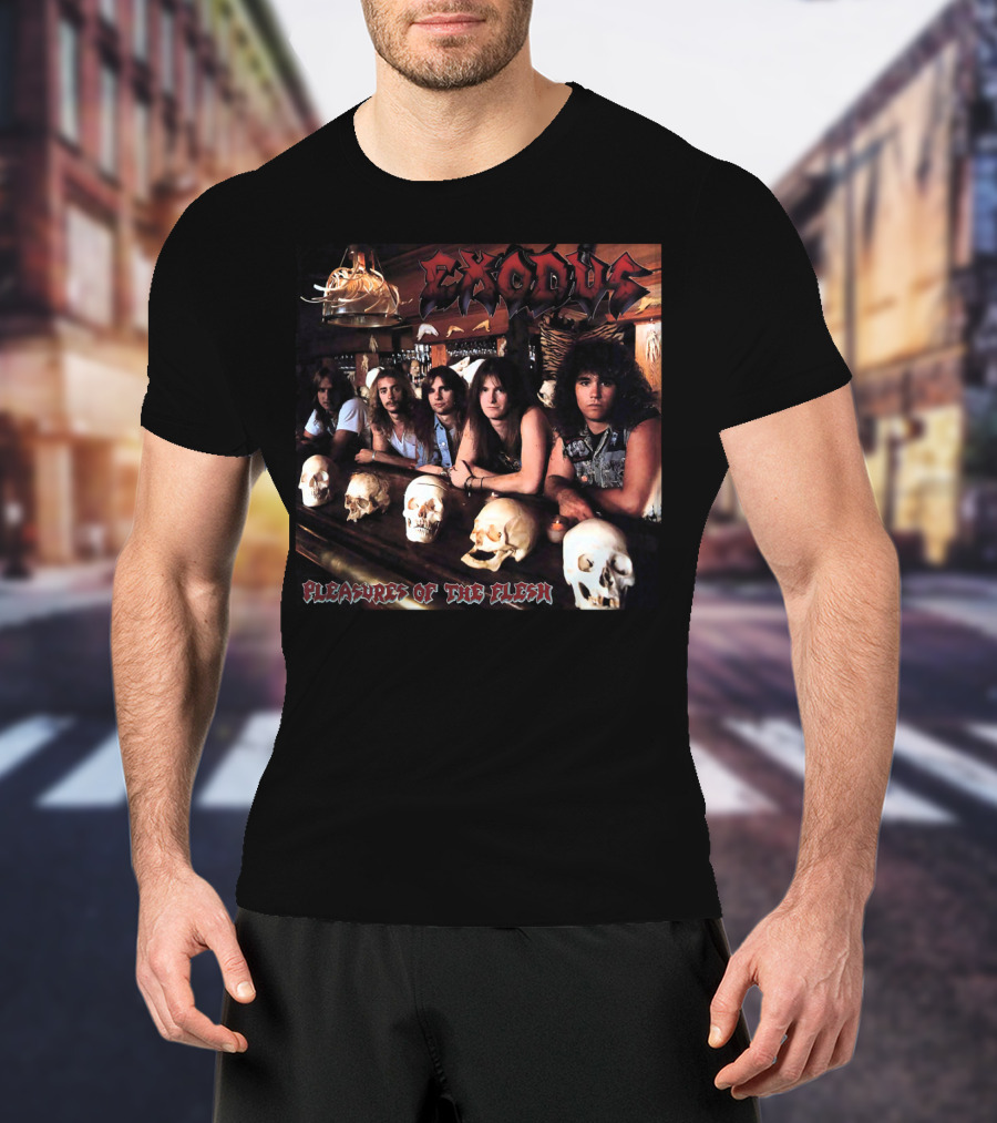 Exodus Pleasures Of The Flesh Album Cover With Band Members And Skulls T-Shirt