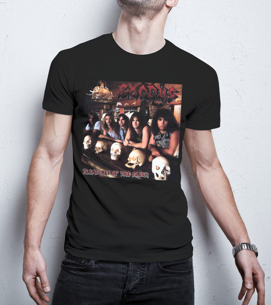 Exodus Pleasures Of The Flesh Album Cover With Band Members And Skulls T-Shirt