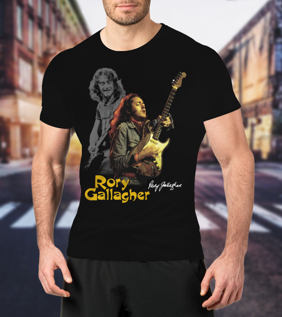 Rory Gallagher Playing Electric Guitar With Signature T-Shirt