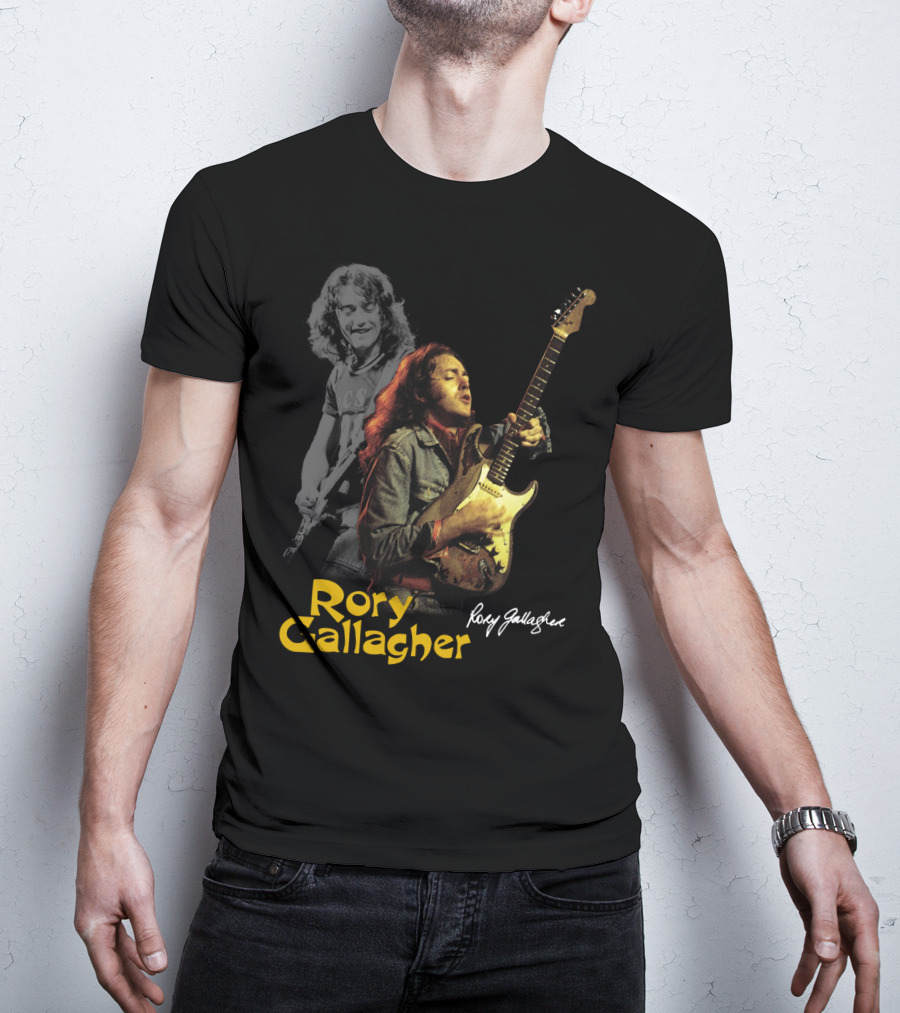 Rory Gallagher Playing Electric Guitar With Signature T-Shirt