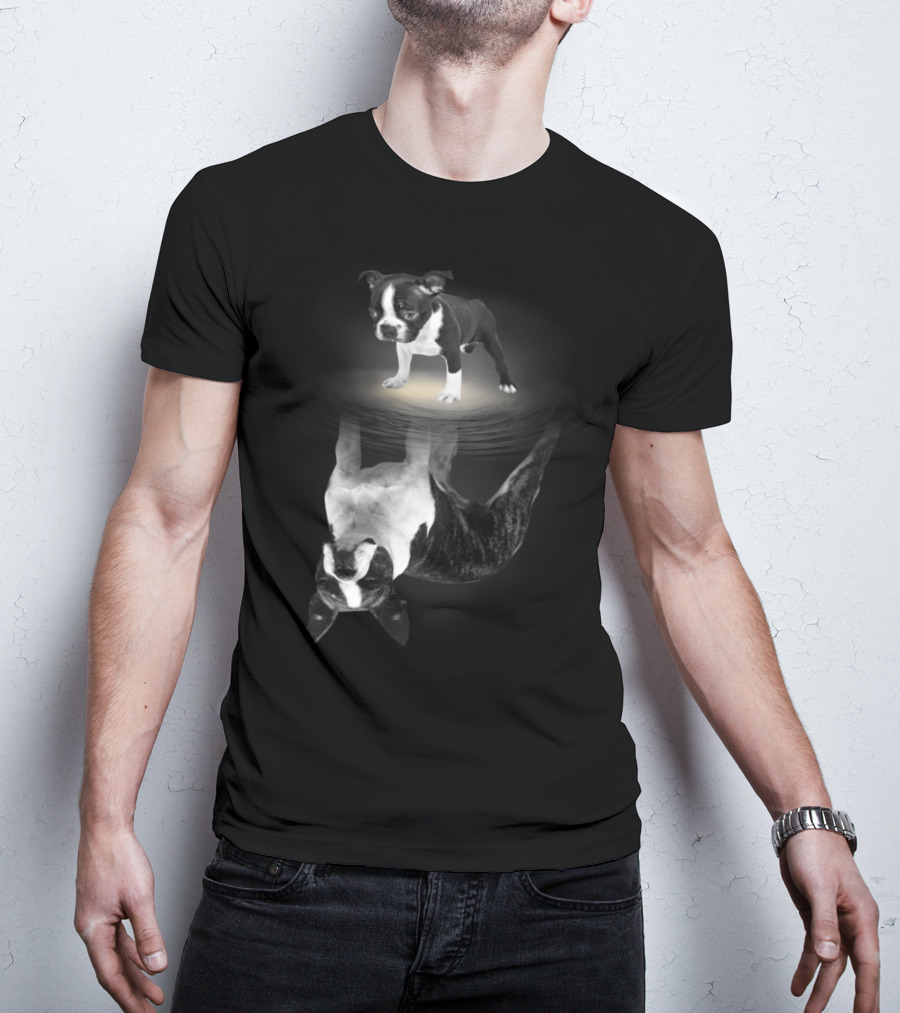 Bostie Mom Boston Terrier Reflections In Water With Puppy T-Shirt