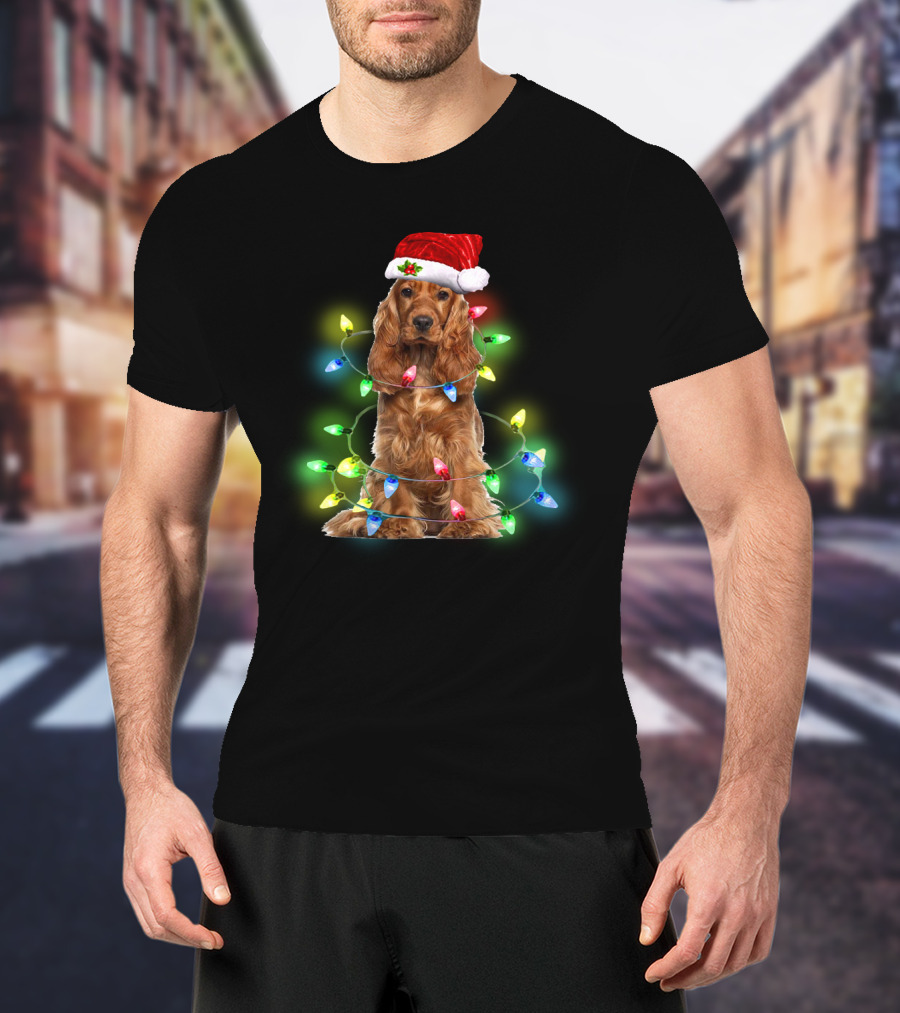 Cocker Spaniel Christmas Santa Hat Wrapped In Colorful Holiday Lights T-Shirt