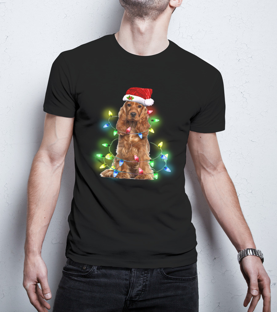 Cocker Spaniel Christmas Santa Hat Wrapped In Colorful Holiday Lights T-Shirt