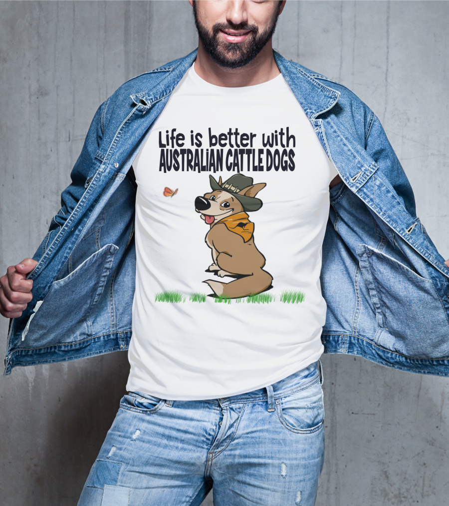 Life Is Better With Australian Cattle Dogs Playful Cartoon Wearing Hat And Scarf Sitting In Grass With Butterfly T-Shirt