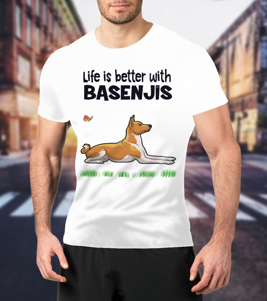 Life Is Better With Basenjis Dog 70s Retro Style Laying On Grass With Butterfly T-Shirt