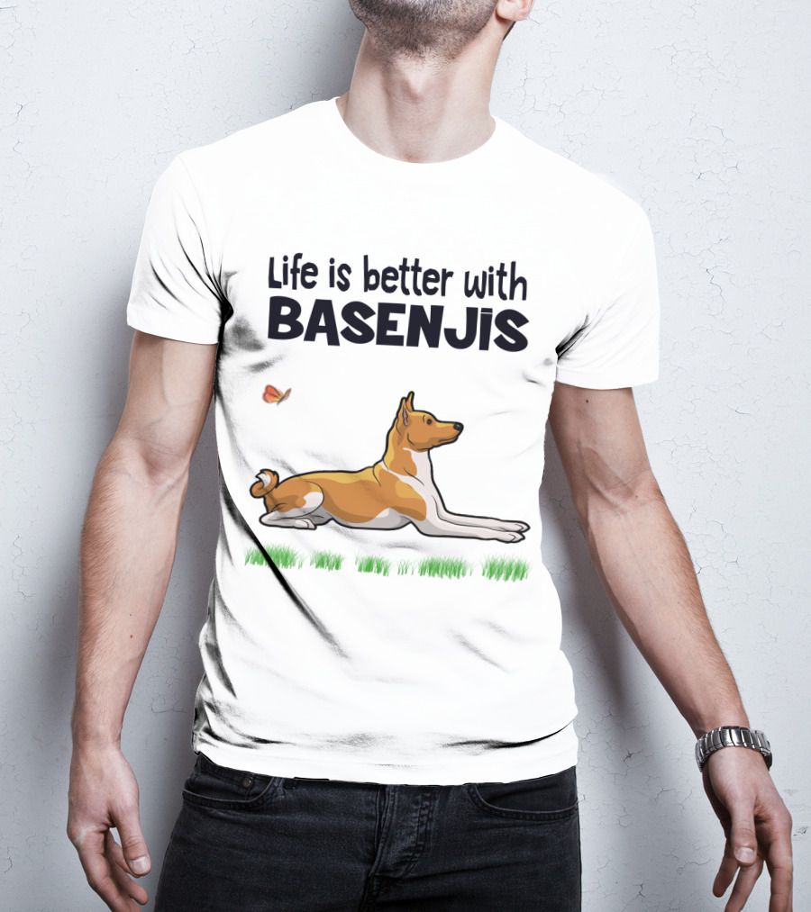 Life Is Better With Basenjis Dog 70s Retro Style Laying On Grass With Butterfly T-Shirt