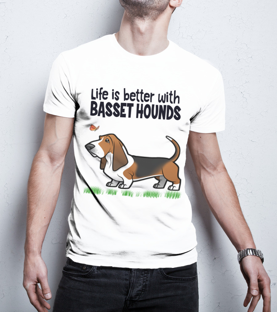 Life Is Better With Basset Hounds Butterfly And Dog Graphics On Grass T-Shirt