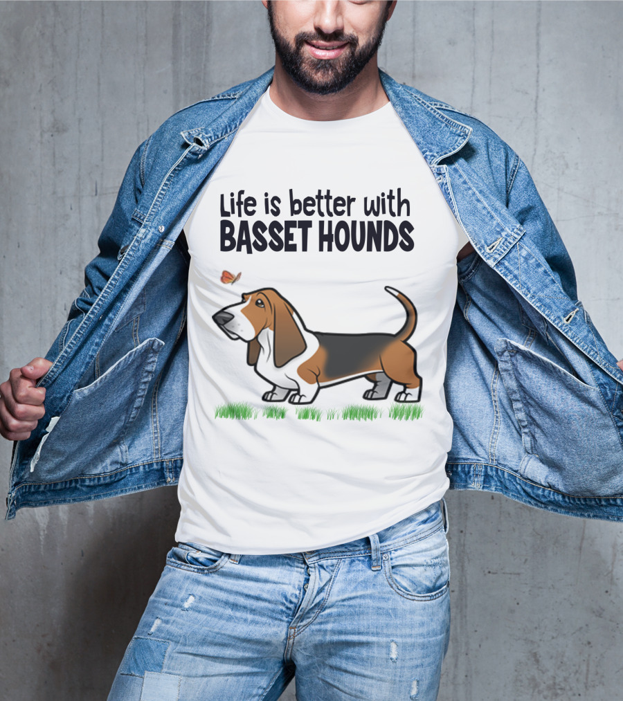 Life Is Better With Basset Hounds Butterfly And Dog Graphics On Grass T-Shirt