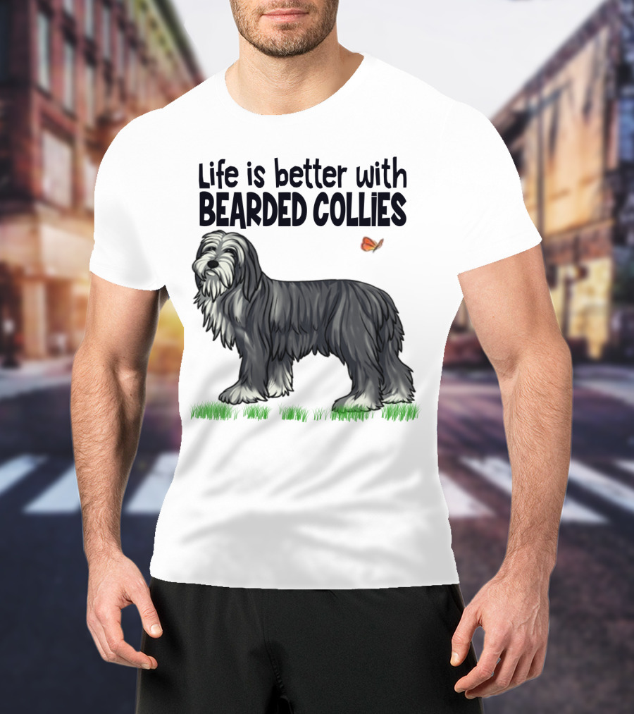 Life Is Better With Bearded Collies Illustration With Butterfly And Grass T-Shirt