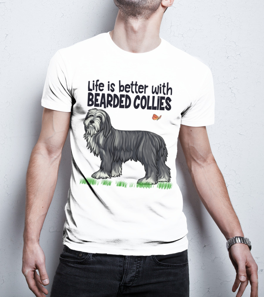 Life Is Better With Bearded Collies Illustration With Butterfly And Grass T-Shirt