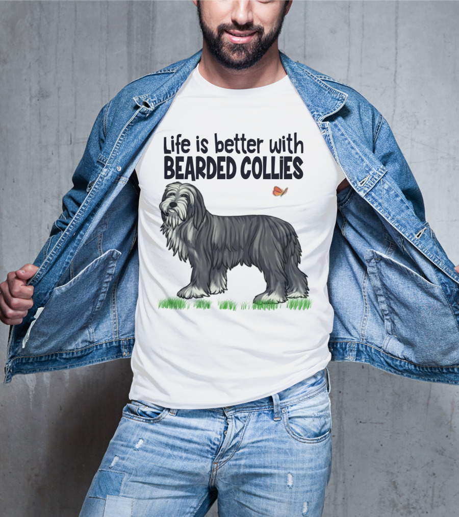 Life Is Better With Bearded Collies Illustration With Butterfly And Grass T-Shirt