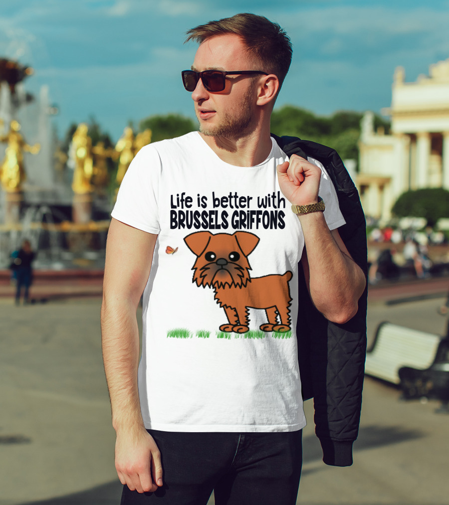 Life Is Better With Brussels Griffons Cartoon Dog And Butterfly T-Shirt