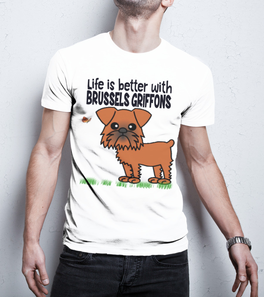 Life Is Better With Brussels Griffons Cartoon Dog And Butterfly T-Shirt