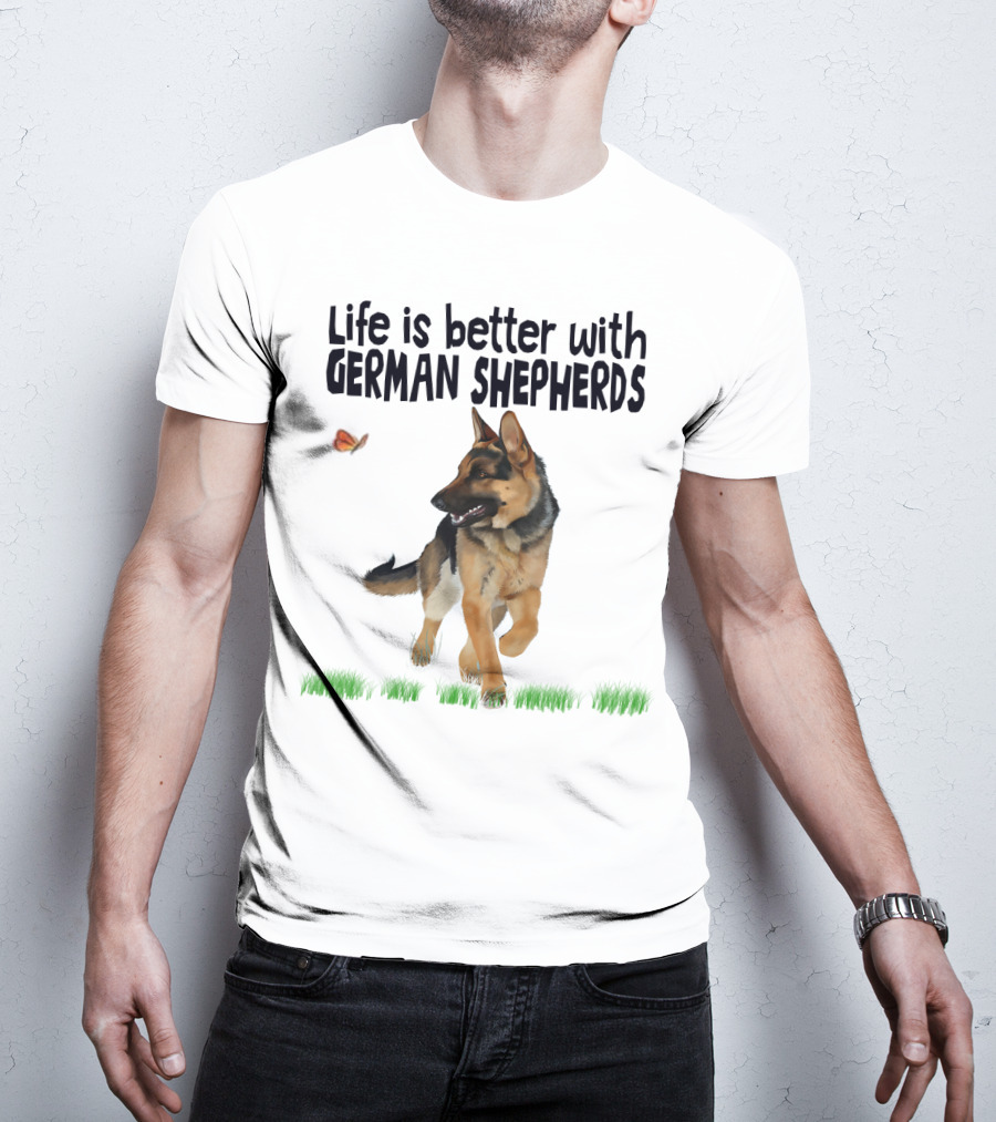 Life Is Better With German Shepherds And Butterflies In The Grass T-Shirt