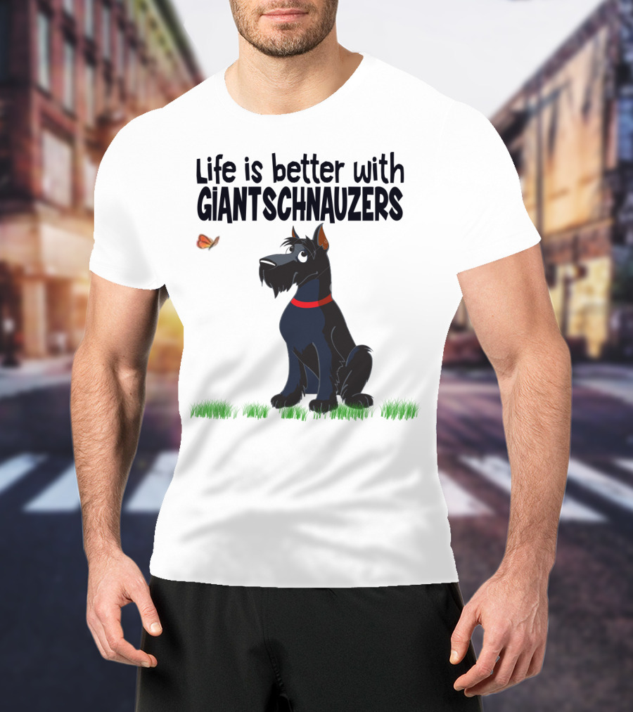 Life Is Better With Giant Schnauzers Playful Cartoon Dog And Butterfly In Grass T-Shirt