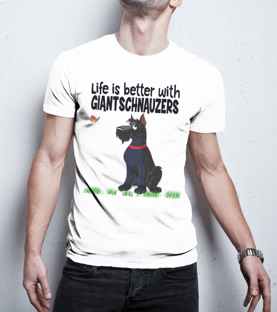Life Is Better With Giant Schnauzers Playful Cartoon Dog And Butterfly In Grass T-Shirt