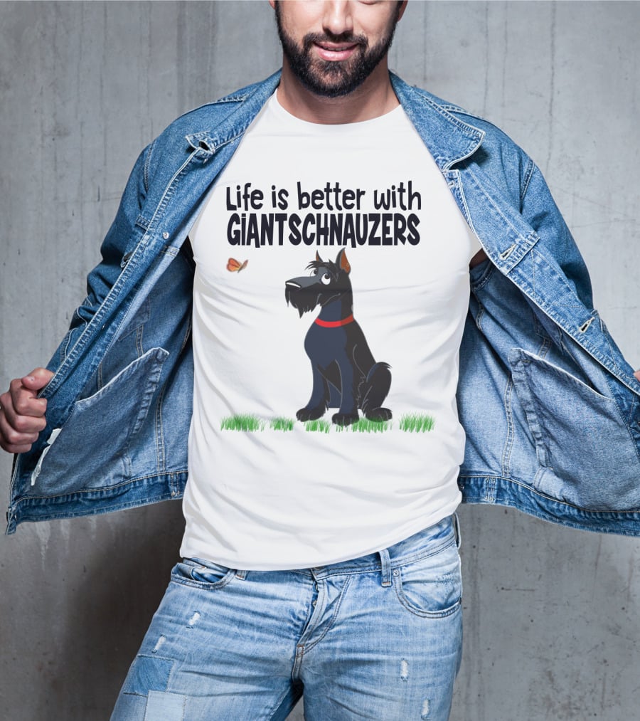 Life Is Better With Giant Schnauzers Playful Cartoon Dog And Butterfly In Grass T-Shirt