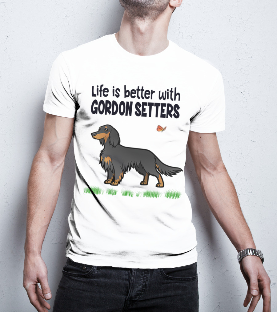 Life Is Better With Gordon Setters Charming Dog Illustration Featuring Butterfly And Grass T-Shirt