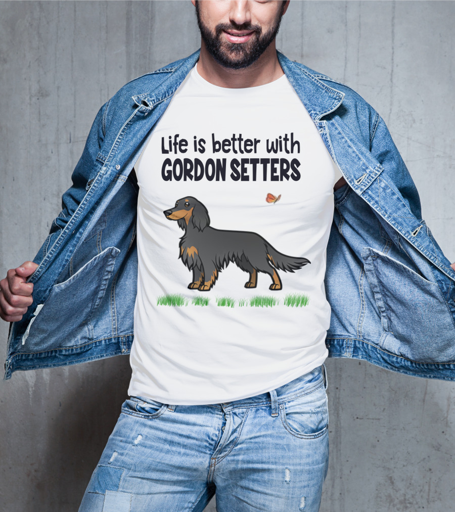 Life Is Better With Gordon Setters Charming Dog Illustration Featuring Butterfly And Grass T-Shirt