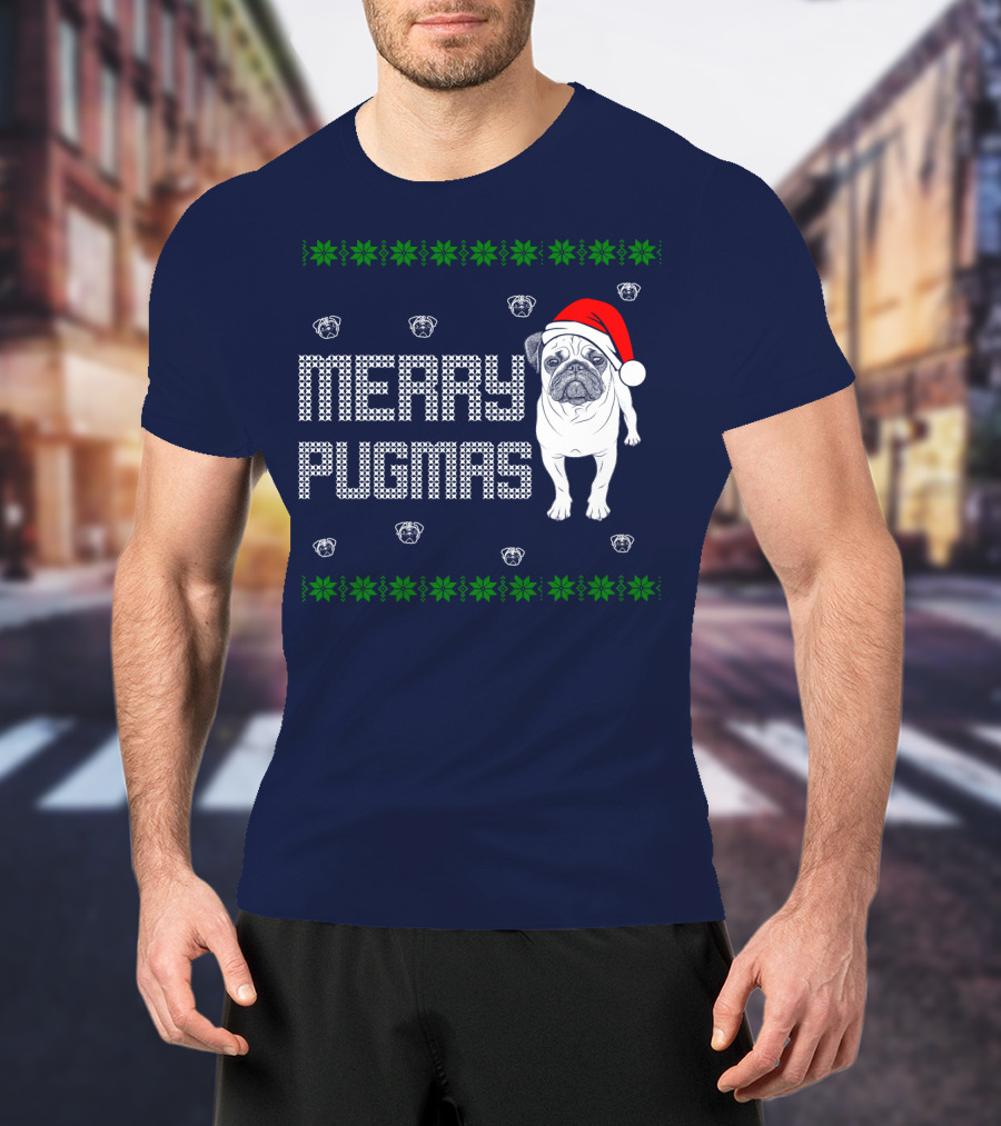 Merry Pugmas Festive Santa Hat Pug With Holiday Patterns And Green Poinsettias T-Shirt